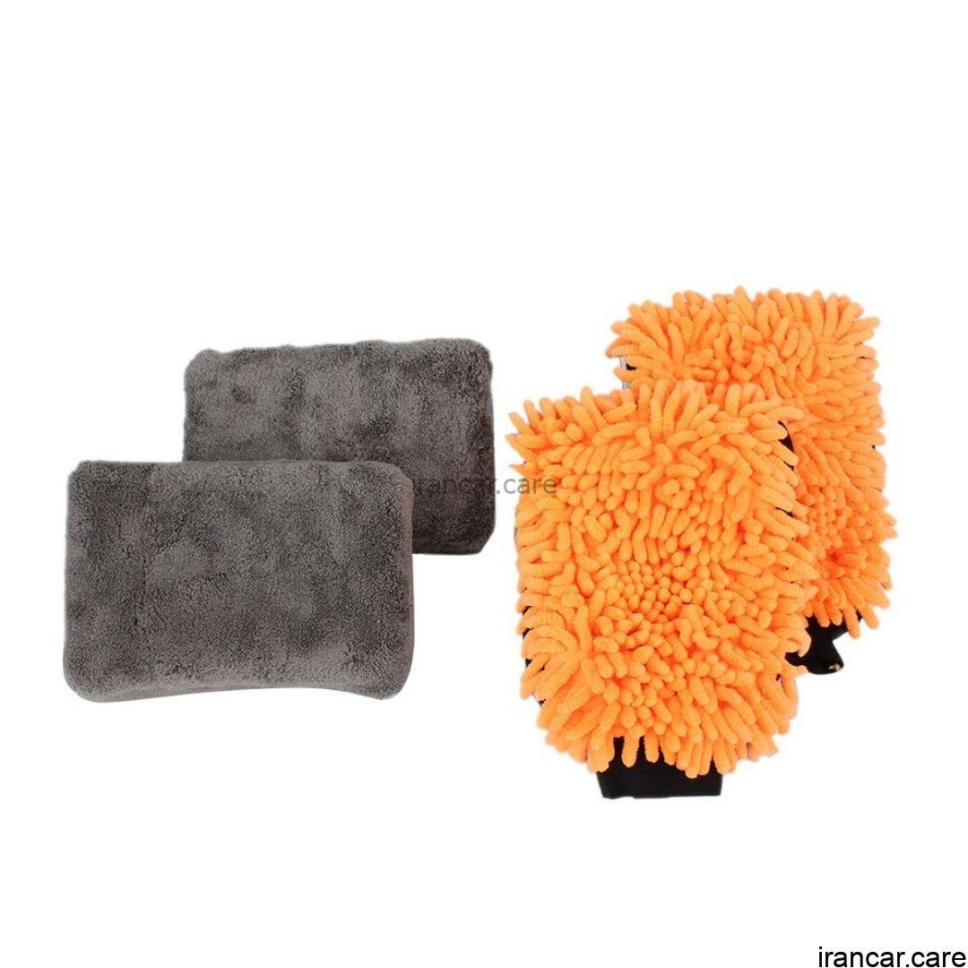 کیت 4 عددی کارواش اسفنج و دستکش میکروفیبر Microfiber Mitt Sponge (1)